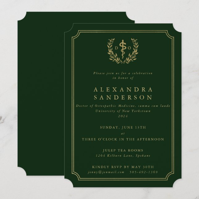 Invitation Médecin diplômé en ostéopathie Vert/Or Inv Grad (Devant / Derrière)