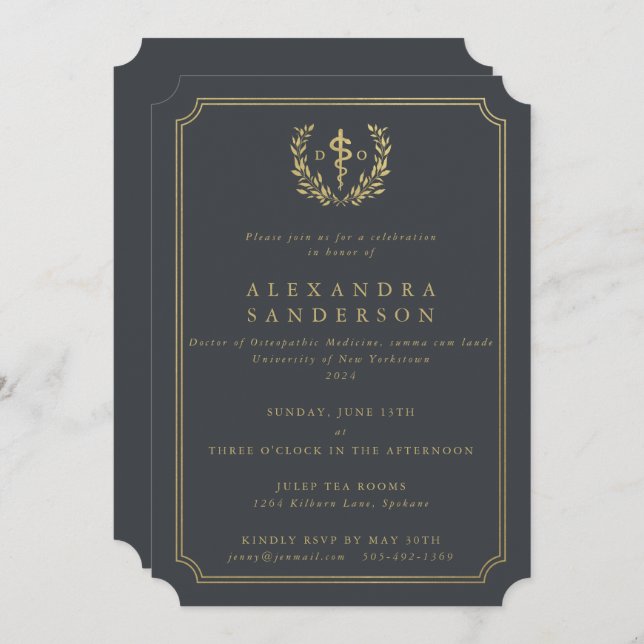 Invitation Médecin Gris/Or en Médecine ostéopathique Grad (Devant / Derrière)