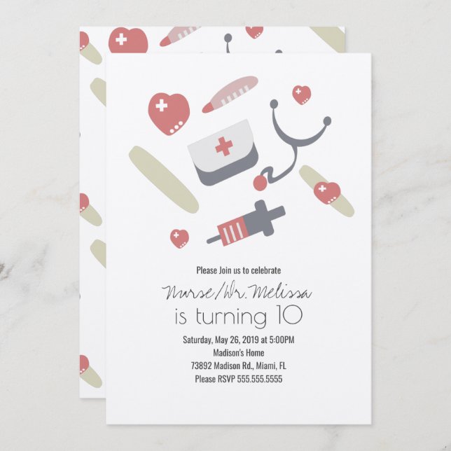 Invitation Médecin Infirmière fête d'anniversaire Motif Médic (Devant / Derrière)