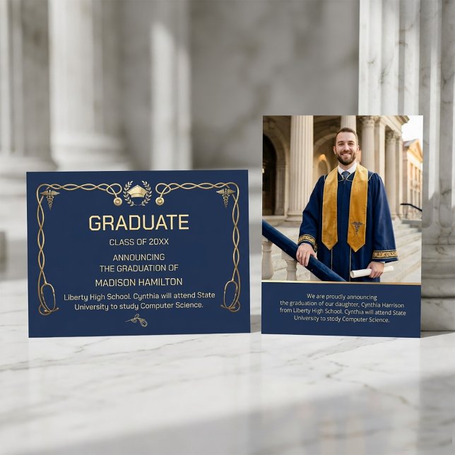 Invitation Médecine de Luxe Navy & Or (#GraduationInvitation
#MedicalGraduation
#DoctorGraduation
#LuxuryInvitation#NavyGoldDesign#Graduate)