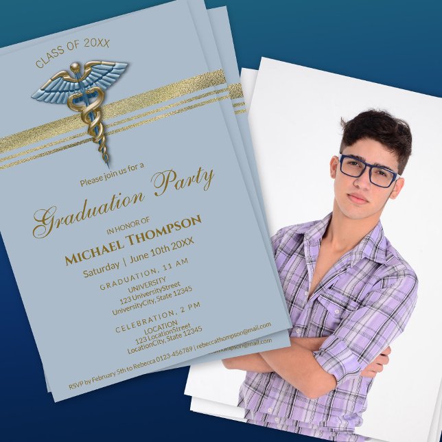 Invitation Medical Blue Caduceus Gold Stripe Graduation Photo (Créateur téléchargé)