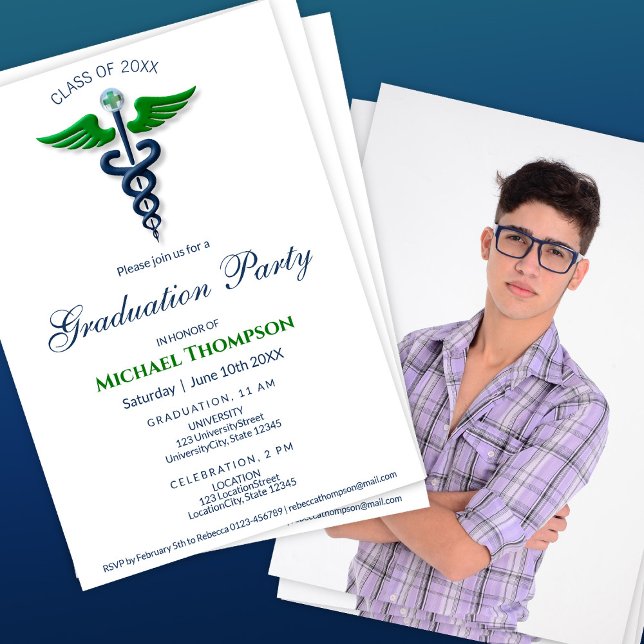 Invitation Medical Graduation Caduceus Blue Green | Photo (Créateur téléchargé)