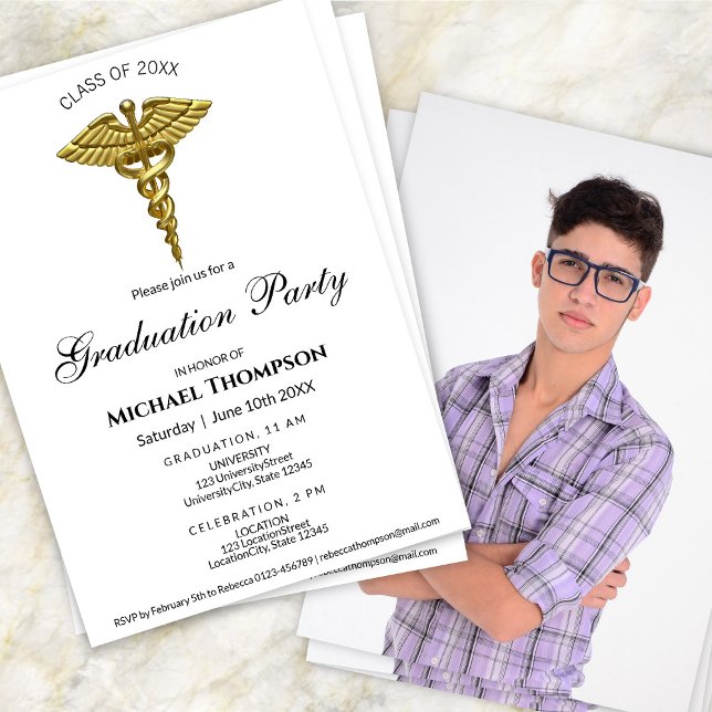 Invitation Medical Luxury Gold Caduceus Graduation | Photo (Créateur téléchargé)