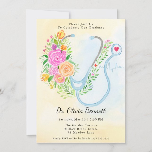 Invitation Medical School Graduation Roses with Stethoscope  (Devant)
