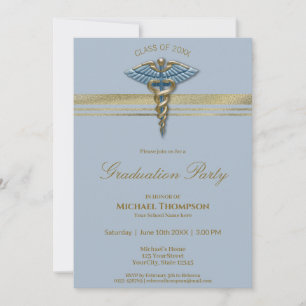 Invitation Médicale Blue Caduceus Gold Stripes Graduation
