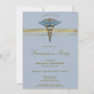 Invitation Médicale Blue Caduceus Gold Stripes Graduation