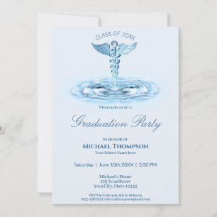 Invitation Médicale Blue Caduceus Water Ripples Graduation
