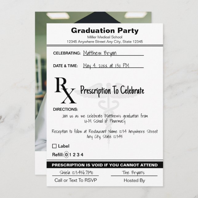 Invitation Médicale Caduceus Rx Prescription Pad Graduation (Devant / Derrière)
