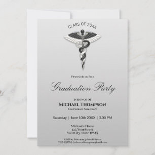 Invitation Médicale Élégant Noir Blanc Caduceus Gradué
