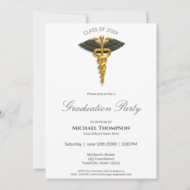 Invitation Médicale Gold Caduceus Black Wings Graduation (Devant)