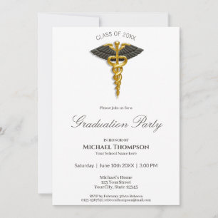 Invitation Médicale Gold Caduceus Black Wings Graduation