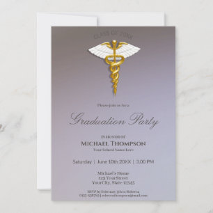 Invitation Médicale Gold Caduceus White Wings Graduation