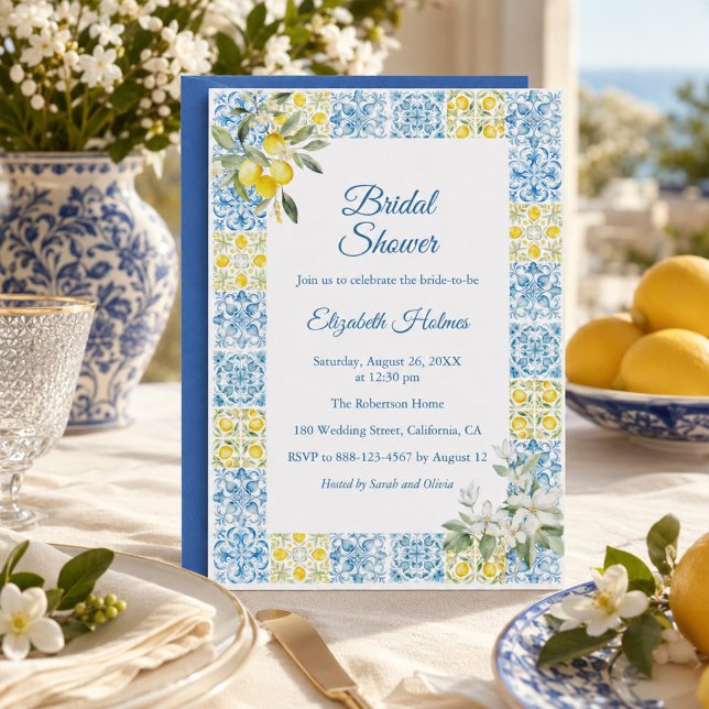 Invitation Mediterranean Blue Tile Lemon Enterrement de Vie d (Mediterranean Blue Tile Lemon Bridal Shower Invitation
)