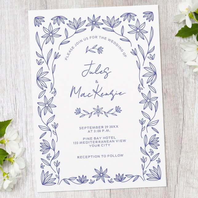 Invitation Mediterranean Blue Wildflower QR Code Wedding (Mediterranean floral blue and white QR code wedding invitaiton)
