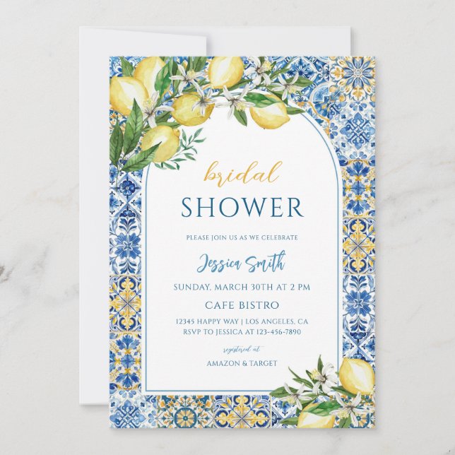 Invitation Mediterranean Lemon Carrelage Bleu Mariage (Devant)