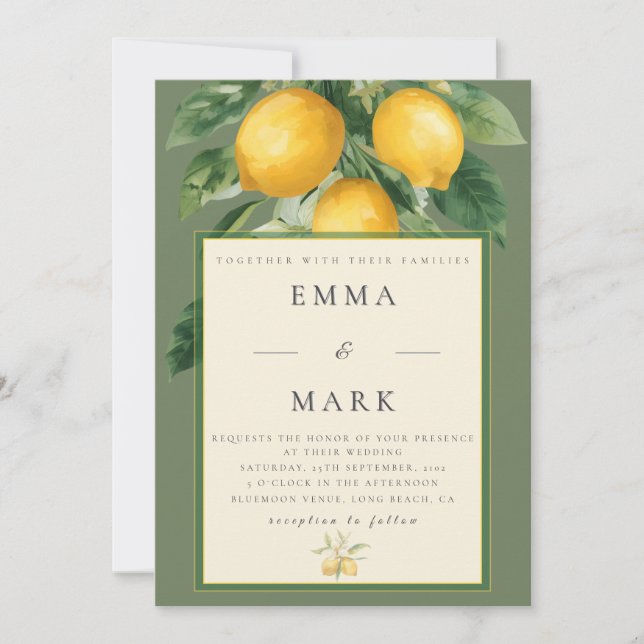 Invitation Mediterranean Lemon with QR Code | Olive Green (Devant)