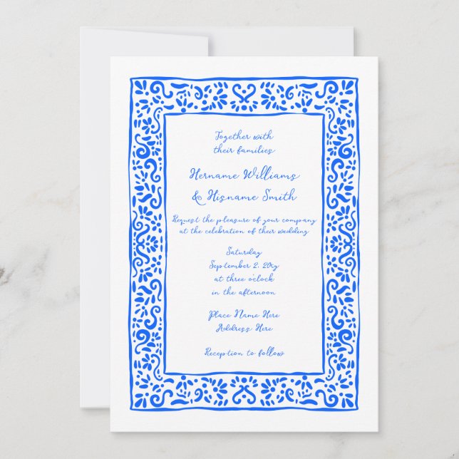 Invitation Mediterranean RSVP QR Hand Drawn Blue Wedding (Devant)