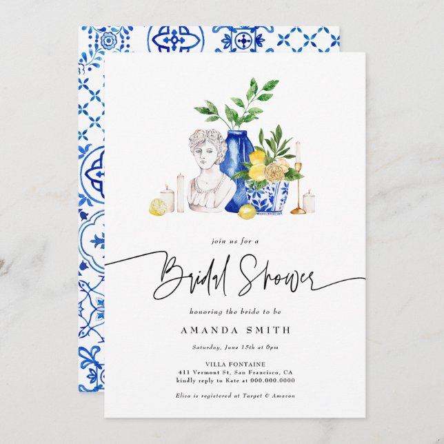 Invitation Méditerranée Italie Carreaux Citron Fête des marié (Devant / Derrière)