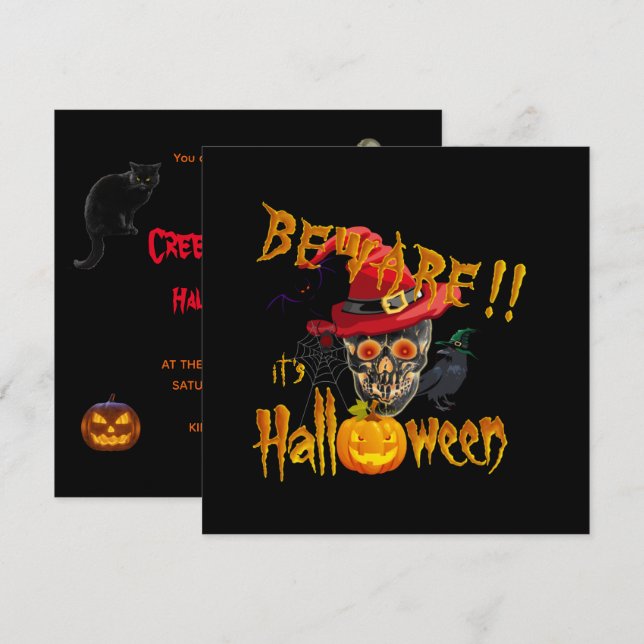 Invitation Méfiez-vous, c'est Halloween Soirée effrayante et  (Devant / Derrière)