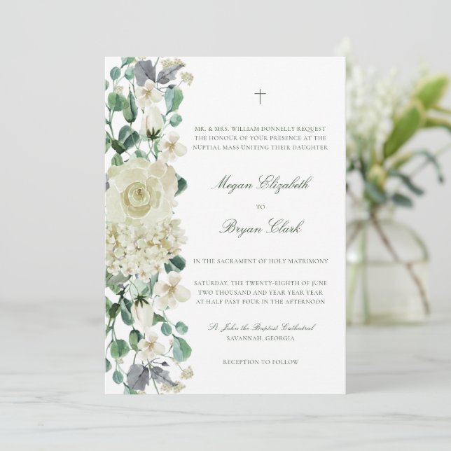 Invitation Megan Elégant Vert Mariage blanc catholique (Debout devant)