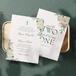 Invitation Megan Floral Aquarelle Mariage catholique<br><div class="desc">Cette faire-part de mariage catholique aux couleurs florale et aquarelle est composée d'une croix simple et de deux bouquets de roses blanches, d'hydrangées et de verdure botanique. Les détails de votre cérémonie sont définis dans la typographie serif stylisée et le script de calligraphie. L'envers inclut l'Écriture biblique "Et les deux...</div>