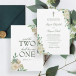 Invitation Megan White Roses Verdure Mariage chrétien<br><div class="desc">Conçu pour s'harmoniser avec l'élégante collection Megan, ce faire-part de mariage chrétien dispose d'une croix simple et de deux boquets élégants de roses blanches, d'hydrangées et de verdure botanique. Les détails de votre cérémonie sont définis dans la typographie serif stylisée et le script de calligraphie. L'envers inclut l'Écriture biblique "Et...</div>