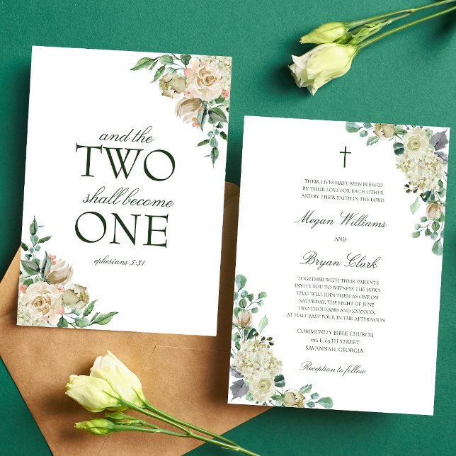 Invitation Megan White Roses Verdure Mariage chrétien (Elegant Megan Christian Wedding Invitation with white watercolor flowers and botanical greenery)
