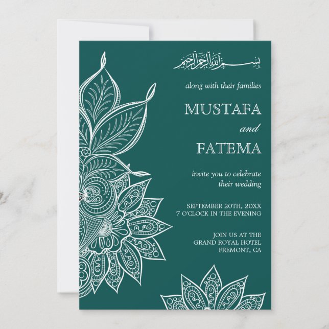 Invitation Mehendi Henna de mariage islamique Vert de mer (Devant)