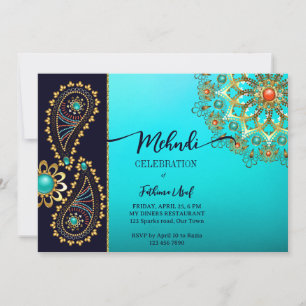 Invitation Mehndi bleu turquoise or bijoux cachemire invitati