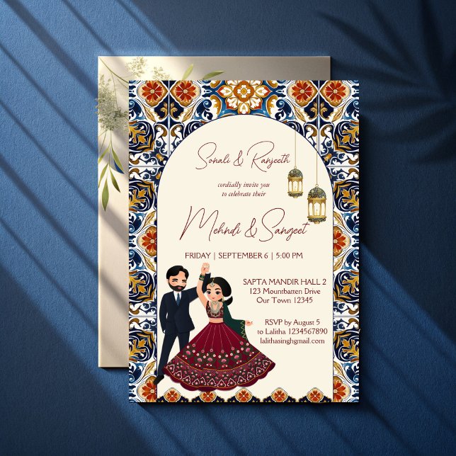 Invitation Mehndi et sangeet mariage indien (Mehndi and sangeet Indian wedding Invitation template instant download cute bridal couple cartoon)