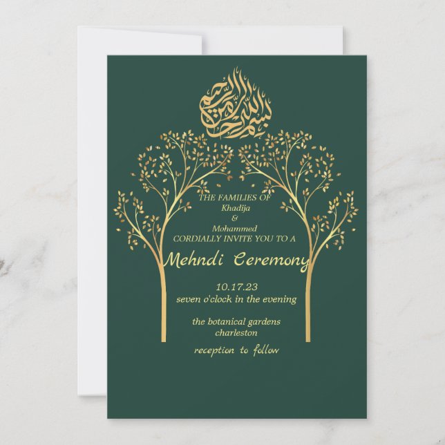 Invitation Mehndi Floral élégant EMERALDGREEN mariage musulma (Devant)