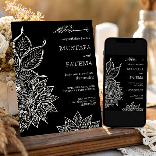 Invitation Mehndi Henna Musulmane Mariage Noir Crème Vintage