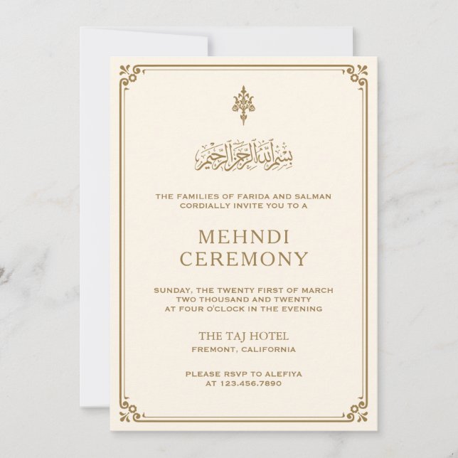Invitation Mehndi Islamique Traditionnelle avec Bordure Dorée (Devant)