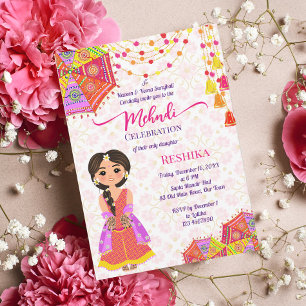 Invitation Mehndi jolie mariée indienne henné parapluie rose