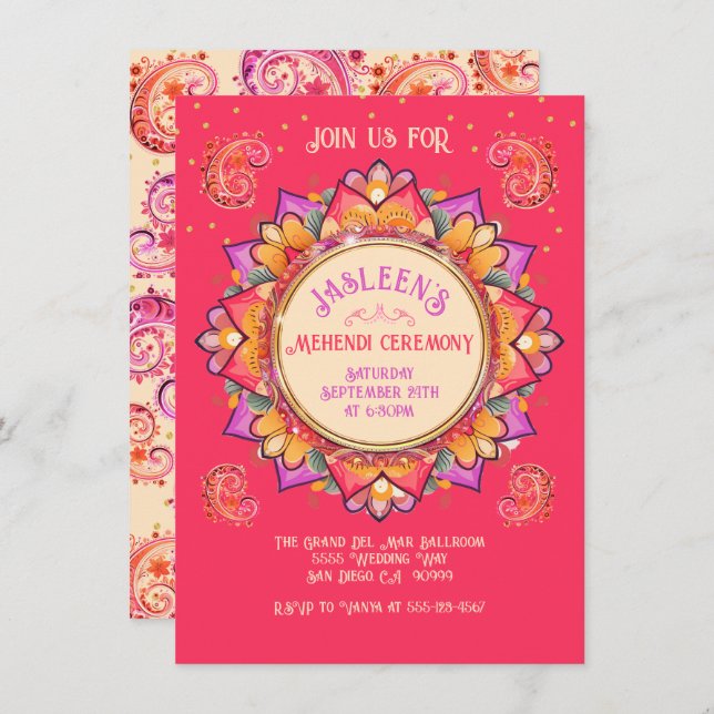 Invitation Mehndi Mandala Soirée Soirée Pink Gold (Devant / Derrière)