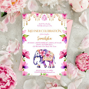 Invitation Mehndi mariage indien éléphant fleurs d'or rose