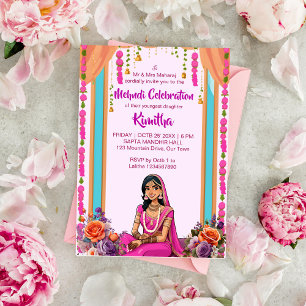 Invitation Mehndi mariage indien mariée mignonne en rose