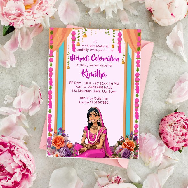 Invitation Mehndi mariage indien mariée mignonne en rose (Mehndi Indian wedding template invitation instant download cute Indian bride dressed in pink cartoon)
