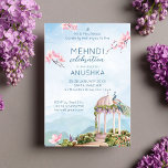 Invitation Mehndi mariage indien paon bleu poussiéreux<br><div class="desc">Mehndi mariage indien paon bleu poussiéreux modèle invitation instantanément télécharger. Un paon assis sur un gazebo jardin montagnes bleues décors fleurs de pomme rose au-dessus</div>