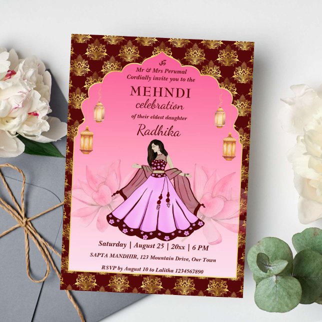 Invitation Mehndi maroon or rose lotus (Mehndi maroon and gold pink dancing Indian bride invitation template lotus oriental pattern arch)