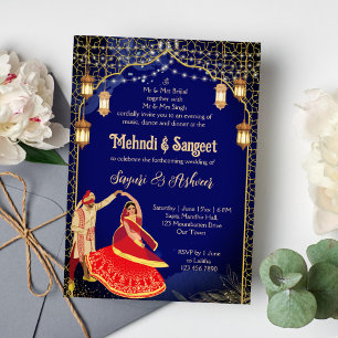 Invitation Mehndi Sangeet bleu marine couple de danse indienn