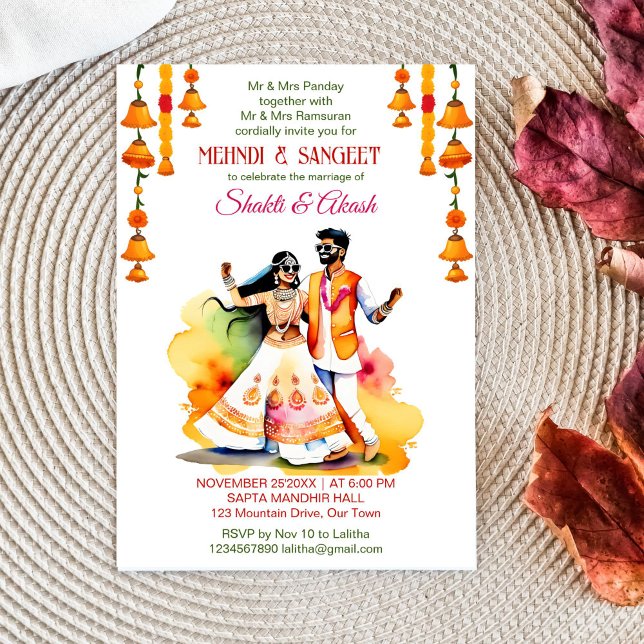 Invitation Mehndi Sangeet dansant mariée indienne couple mode (Mehndi and sangeet template invitation instant download dancing Indian bridal couple modern colorful)