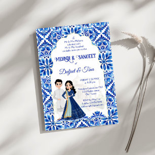 Invitation Mehndi Sangeet mariage indien bleu blanc mignon