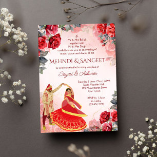 Invitation Mehndi Sangeet roses rouges couple indien