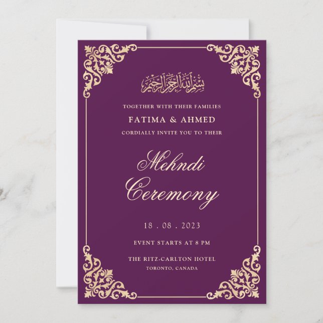 Invitation Mehndi violet or Mariage musulman musulman islamiq (Devant)