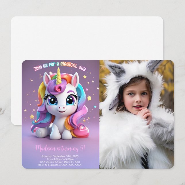 Invitation Meilleur Anniversaire Licorne Arc-en-Ciel (Devant / Derrière)