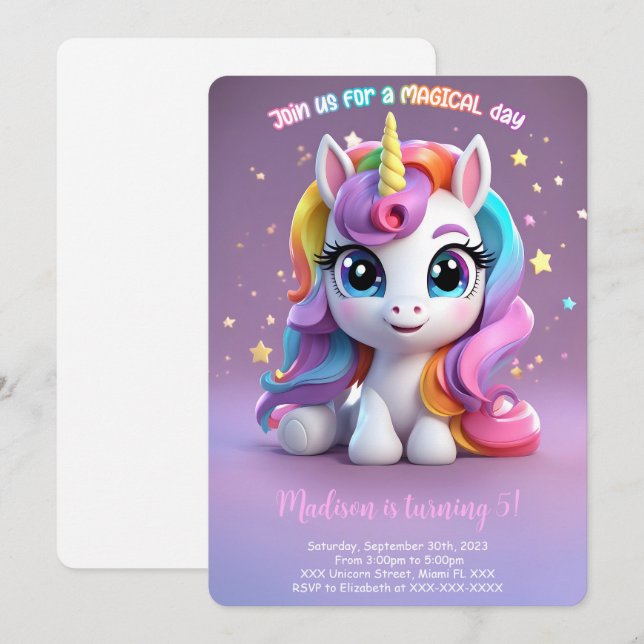 Invitation Meilleur Anniversaire Licorne Arc-en-Ciel (Devant / Derrière)
