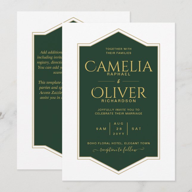 Invitation Meilleur Mariage Emerald Green Gold MONOCHROME (Devant / Derrière)
