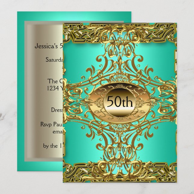 Invitation Meilleure fête d'anniversaire 50ème or sarcelle (Devant / Derrière)