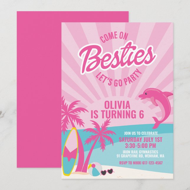Invitation Meilleures amies anniversaire plage malibu rose (Devant / Derrière)